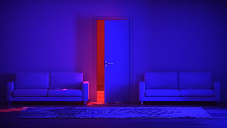 неон, neon lights, CGI, цифровое искусство, рендер, красный, синий, дверь, диван, ковер, HD обои