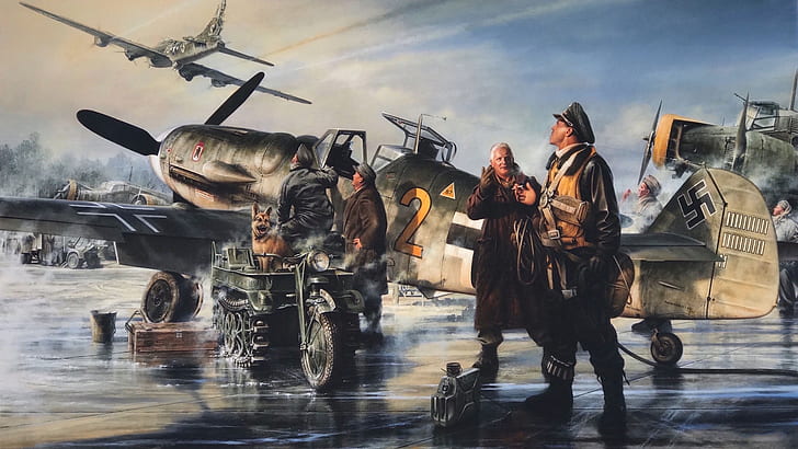 the airfield, Messerschmitt, B-17, Luftwaffe, Bf.109, Kettenkrad HK 101, SdKfz 2, half-track motorcycle, single-engine piston fighter-low, HD wallpaper