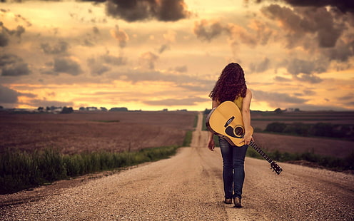 brown dreadnought acoustic guitar, guitar, Jake Olson, road, curly hair, women outdoors, musical instrument, clouds, jeans, Nebraska, HD wallpaper HD wallpaper