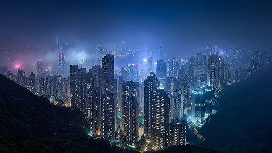 تصوير مناظر المدينة ، هونغ كونغ ، أضواء المدينة، خلفية HD HD wallpaper