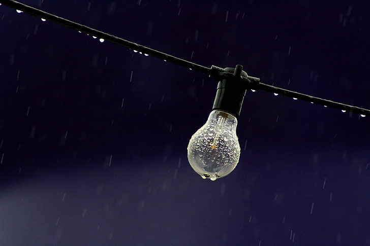 bulb, electricity, lightbulb, rain, raindrops, wire, HD wallpaper