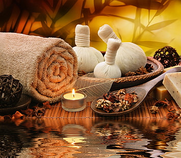 Spa, relax, bath, white tea light candle, relax, candle, spa, bath, towel, salt, HD wallpaper HD wallpaper