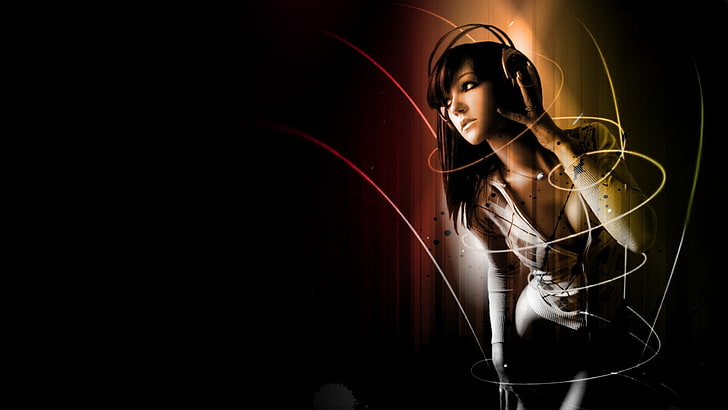 Personaje femenino con auriculares ilustración, música, mujeres, auriculares, modelo, fondo negro, Fondo de pantalla HD