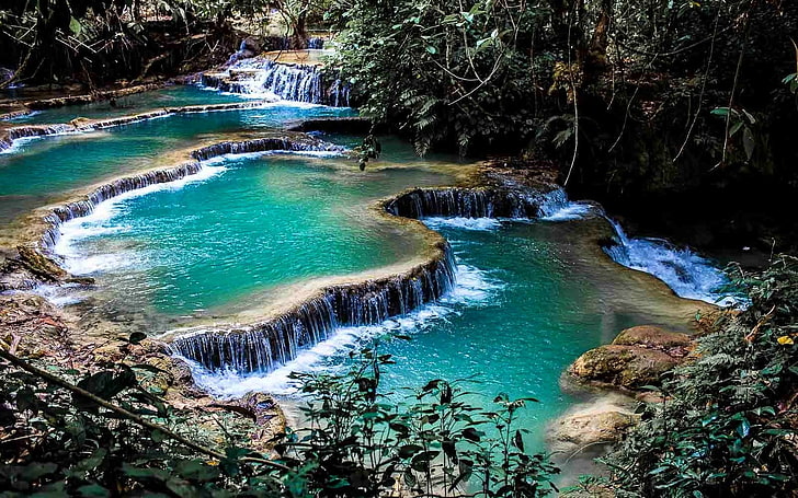 Landschaft, Natur, Wasserfall, Teich, Laub, Sträucher, Terrassen, Laos, HD-Hintergrundbild