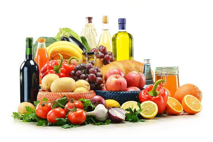 果物、野菜、ワイン、りんご、油、弓、ジュース、パン、ブドウ、ナス、バナナ、コショウ、果物、蜂蜜、野菜、トマト、レモン、ニンニク、瓶、ブロッコリー、ジャガイモ、酢、 HDデスクトップの壁紙