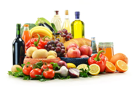 çok, yeşillik, şarap, elma, yağ, yay, meyve suyu, ekmek, üzüm, patlıcan, muz, biber, meyve, bal, sebze, domates, limon, sarımsak, kavanoz, brokoli, patates, sirke, HD masaüstü duvar kağıdı HD wallpaper