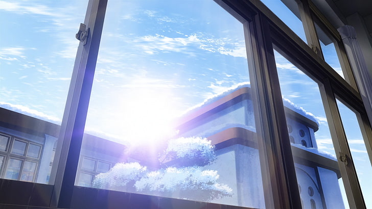 jendela kaca putih berbingkai, Nagi no Asukara, pemandangan, suar lensa, anime, Wallpaper HD
