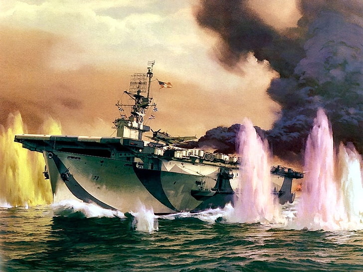 aircraft carrier with black smoke painting, war, aircraft carrier, military, artwork, ship, World War II, HD wallpaper