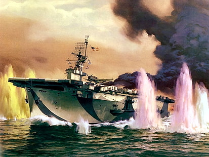 aircraft carrier with black smoke painting, war, aircraft carrier, military, artwork, ship, World War II, HD wallpaper HD wallpaper