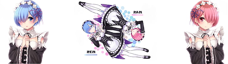 two female anime characters, Re:Zero Kara Hajimeru Isekai Seikatsu, Rem (Re: Zero), Ram (Re:Zero), HD wallpaper