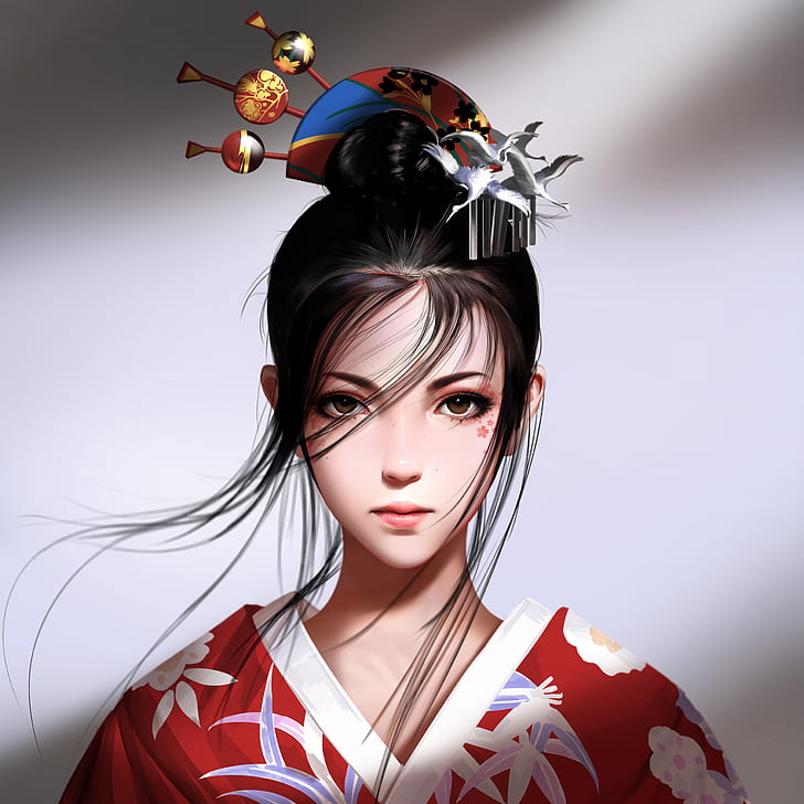 women, original characters, brunette, hairbun, hair accessories, hair in face, looking at viewer, brown eyes, portrait, face, kimono, Japanese clothes, white background, simple background, artwork, drawing, digital art, illustration, Liang Xing, Liang-Xing, HD wallpaper