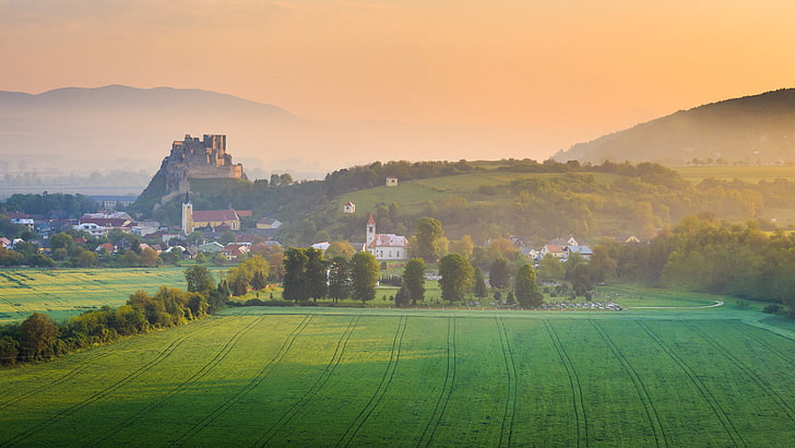 nature, landscape, mist, trees, hills, morning, sunrise, field, castle, church, Slovakia, village, HD wallpaper