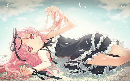 anime girls, pink hair, anime, Garden (visual novel), Himemiya Ruri, ribbon, black ribbons, manga, long hair, HD wallpaper HD wallpaper