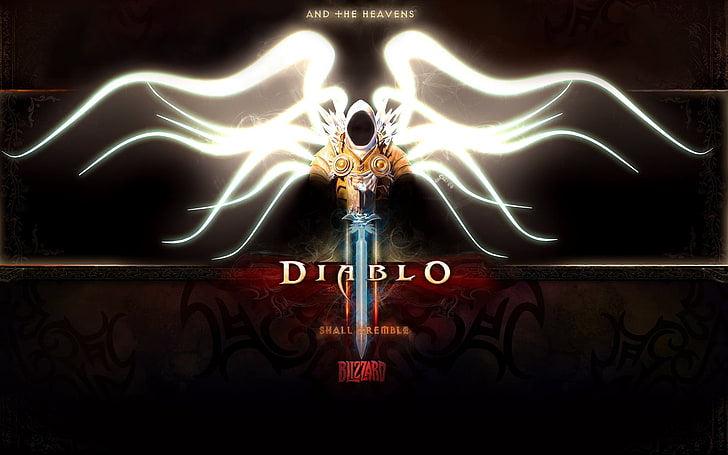 Papel de parede digital da Blizzard Diablo, diablo 3, tyrael, anjo, arcanjo, personagem, asas, capuz, espada, HD papel de parede