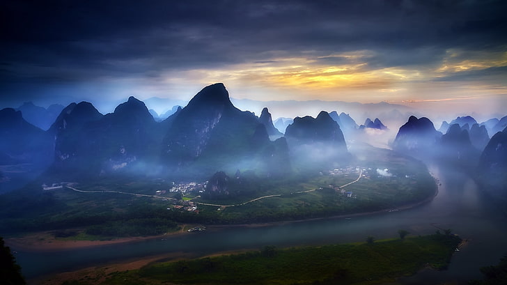 nature, landscape, mountains, river, mist, road, sky, town, field, blue, Guilin, HD wallpaper