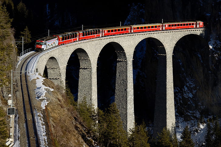 mountains, red, bridge, train, railroad, Switzerland, viaduct, HD wallpaper