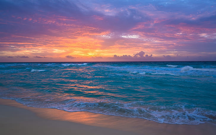 Sea, waves, beach, sunset, red sky, Sea, Waves, Beach, Sunset, Red, Sky, HD wallpaper