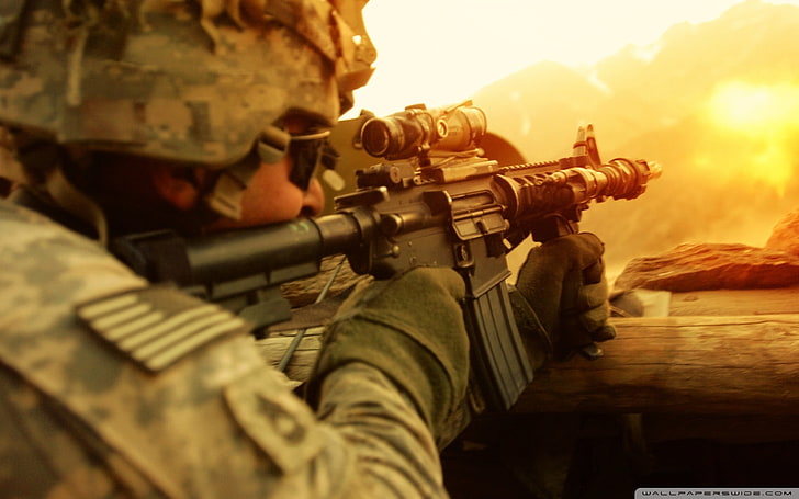 black assault rifle, war, soldier, military, weapon, HD wallpaper
