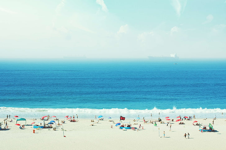 atlantic, beach, blue, brazil, copacabana, fun, hot, ocean, people, praia, rio, riodejaneiro, sand, ship, summer, sun, water, HD wallpaper