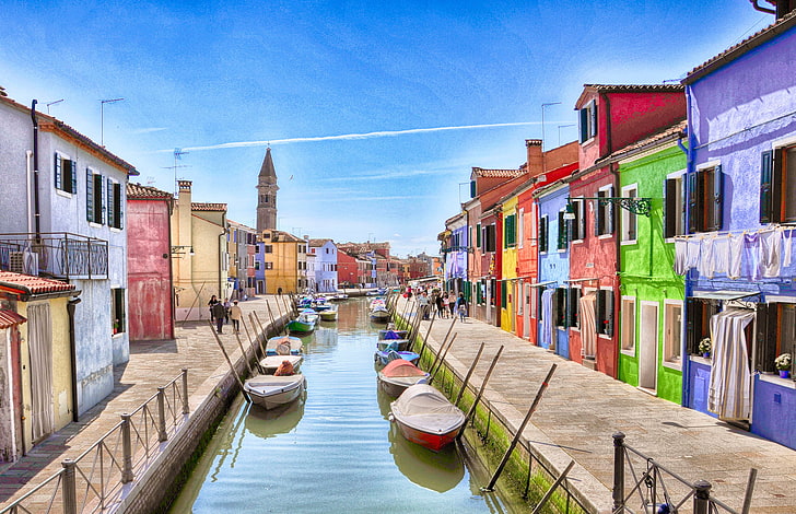 il cielo, casa, barche, italia, venezia, canale, isola di burano, Sfondo HD