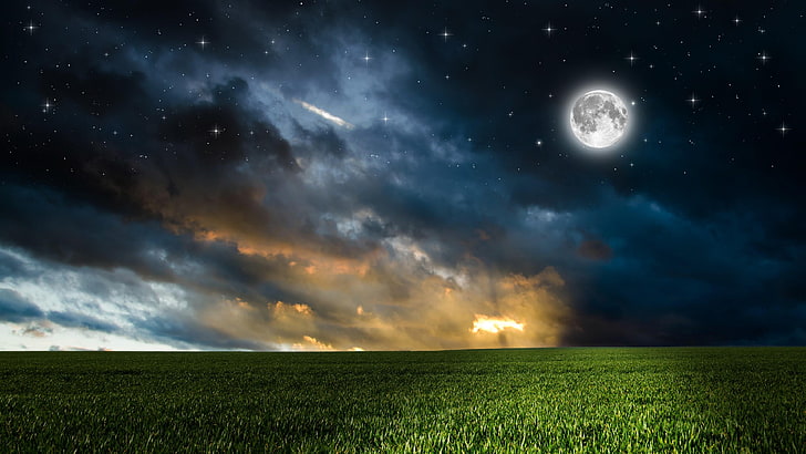 cloud, grass, sky, night, field, greens, photoshop, full moon, stars, moon, HD wallpaper