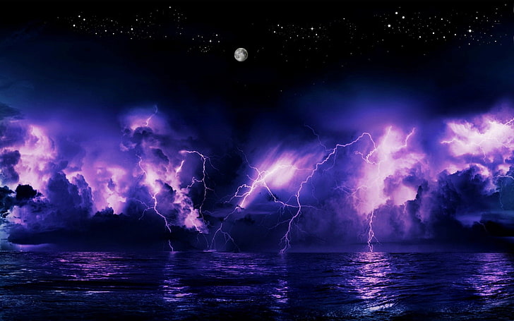 Earth, Sky, Cloud, Lightning, Moon, Ocean, Purple, Storm, HD wallpaper