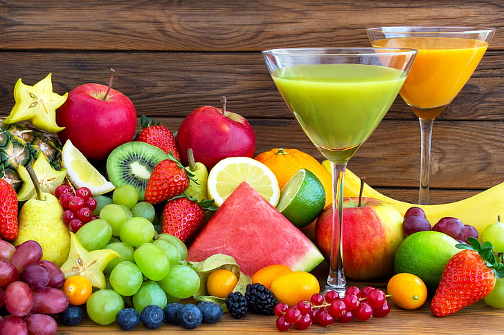 frutti assortiti, foto, bicchieri, fragole, angurie, frutta, uva, mele, cibo, succo di frutta, Sfondo HD