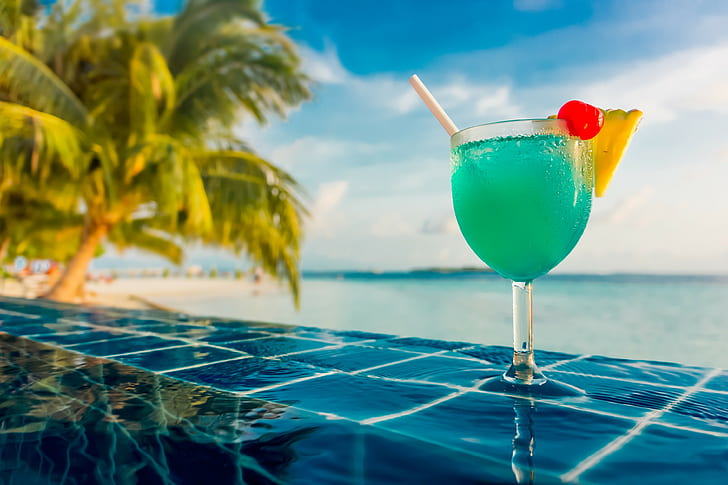 cocktails, mar, piscina, palmeiras, tropical, HD papel de parede
