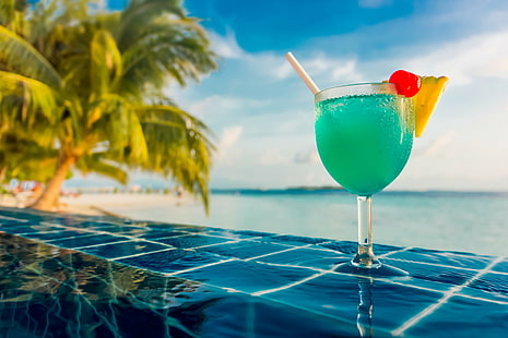 cocktails, sea, swimming pool, palm trees, tropical, HD wallpaper HD wallpaper