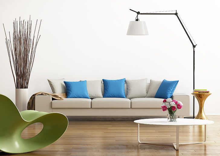 desain, hijau, abu-abu, biru, interior, kursi, bantal, meja, ruang tamu, modern, Wallpaper HD