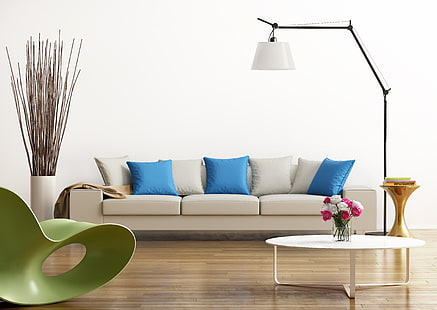 design, grön, grå, blå, interiör, stol, kudde, bord, vardagsrum, modern, HD tapet HD wallpaper
