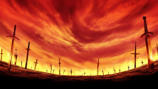 svärd på marken med röd himmel, svärd, fantasikonst, himmel, HD tapet HD wallpaper