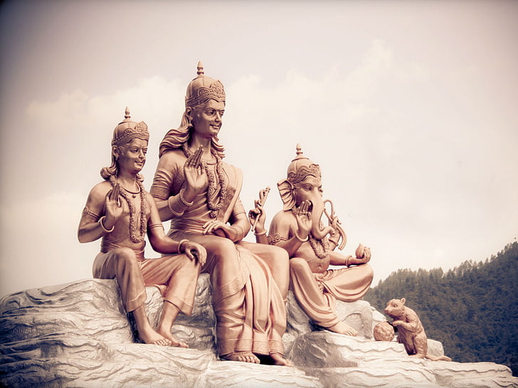Familie Mahadev, drei hinduistische Gottstatuen, Gott, Lord Shiva, Ganesha, Shiva, Familienmitglieder, Lord, HD-Hintergrundbild