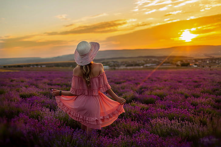 field, summer, girl, sunset, flowers, nature, photo, model, hair, back, the evening, hat, dress, Vitaly Kitaev, HD wallpaper