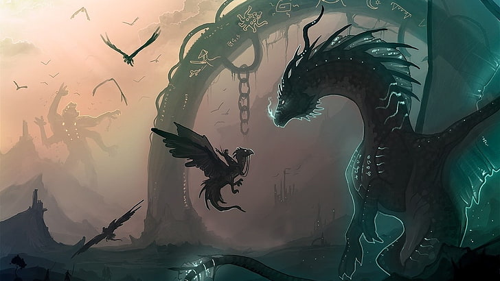 black dragon and baby dragon digital wallpaper, dragon, chain, cub, birds, HD wallpaper