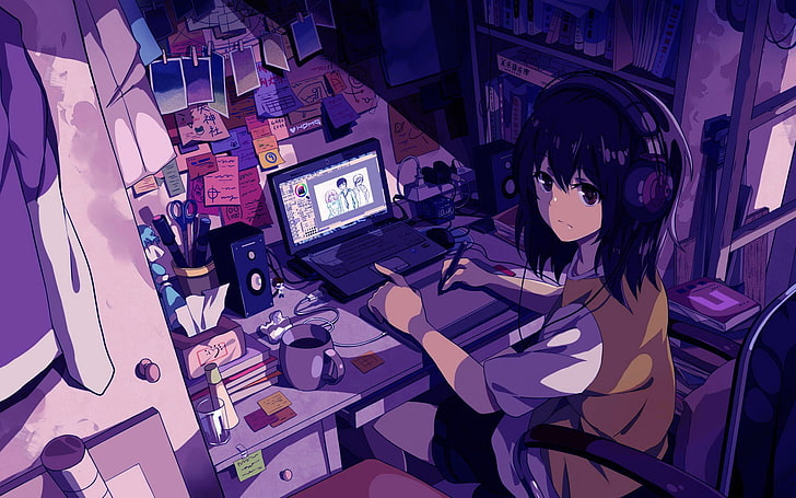 anime, anime girls, headphone, karakter asli, Wallpaper HD