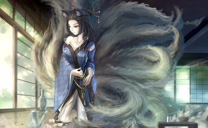 animal, black, blue, clothes, ears, eyes, foxgirl, hair, japanese, kikivi, kimono, long, multiple, original, tail, tails, HD wallpaper