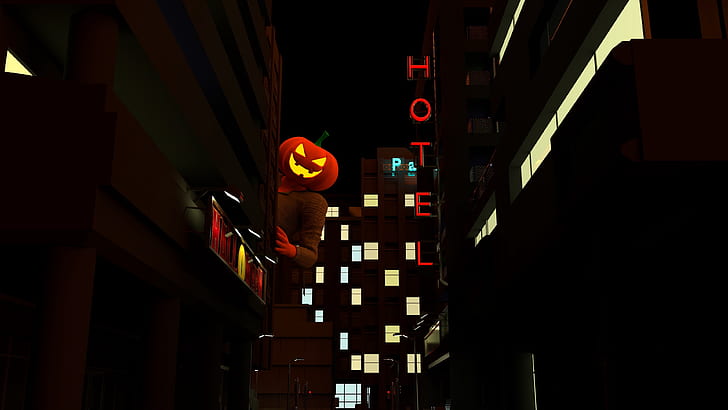 jack o lantern, halloween, night city, spy out, dark, HD wallpaper