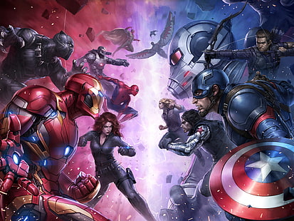 วอลล์เปเปอร์ดิจิทัลของตัวละคร Avenger, อาร์ตเวิร์ค, Marvel Comics, Marvel Cinematic Universe, Captain America: Civil War, Iron Man, Captain America, Black Widow, Hawkeye, Black Panther, Ant-Man, Spider-Man, War Machine, วอลล์เปเปอร์ HD HD wallpaper