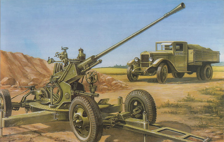 figura, arte, carro, posição, carga, soviético, antiaéreo, soviético de 37 mm, arma, automático, modelo 1939 (61-K), a grande guerra patriótica, ZIS-5, 
