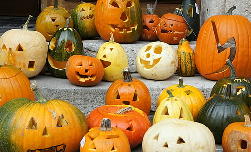 pumpkin, set, halloween, holiday, ladder, jack o lantern lot, pumpkin, halloween, holiday, ladder, HD wallpaper HD wallpaper