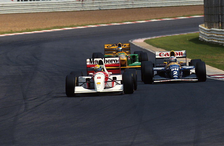 three formula 1 cars, race, overtaking, Michael Schumacher, Alain Prost, Ayrton Senna, F-1, balide, Grand Prix South Africa, HD wallpaper