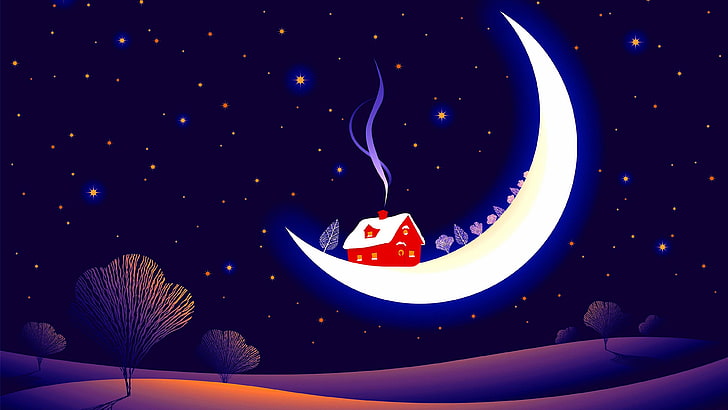 moon, night, house, fantasy art, chimney, dreamland, starry, sky, night time, night sky, landscape, HD wallpaper