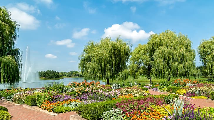 nature, landscape, trees, flowers, plants, clouds, sky, lake, Botanical garden, Illinois, USA, HD wallpaper