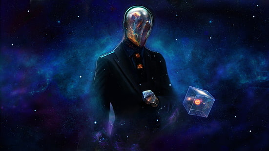 검은 양복 재킷 벽지, 공간, 디지털 아트, 큐브, 로봇, 우주 예술에 남자, HD 배경 화면 HD wallpaper