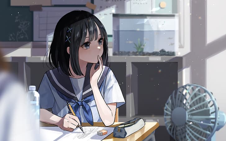gadis anime,sekolah,rambut hitam,poni,rambut pendek, Wallpaper HD