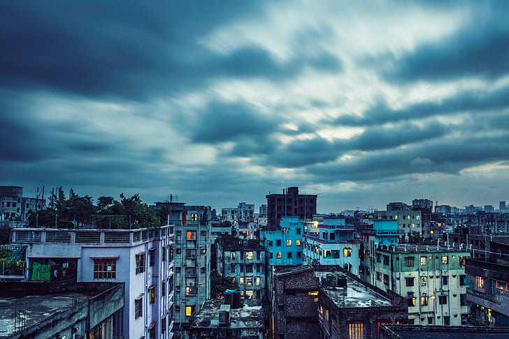 şehir, Bangladeş, gök mavisi, uzun pozlama, HD masaüstü duvar kağıdı