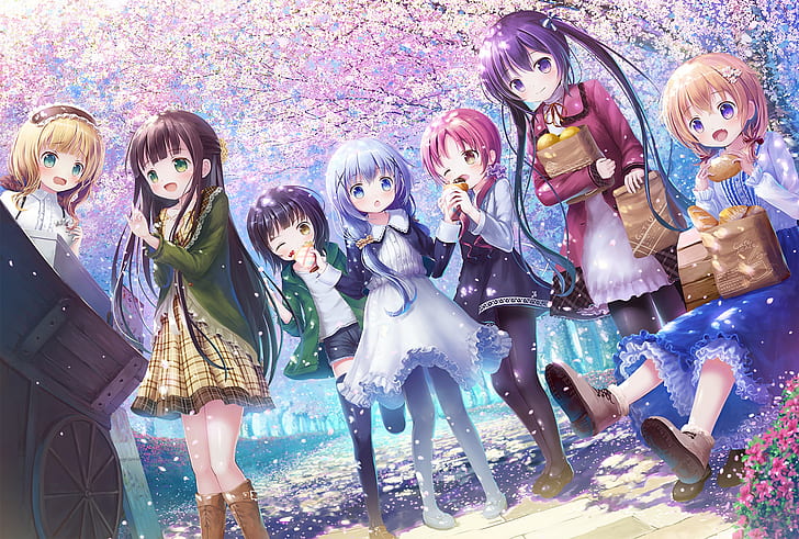 girls, spring, anime, HD wallpaper