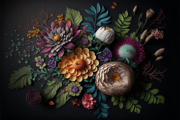 leaves, flowers, dark, still life, background, composition, floral, flower, HD wallpaper