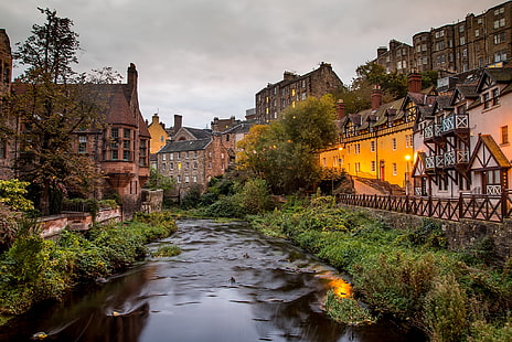 река, дома, Шотландия, Декан Виллидж, HD обои HD wallpaper